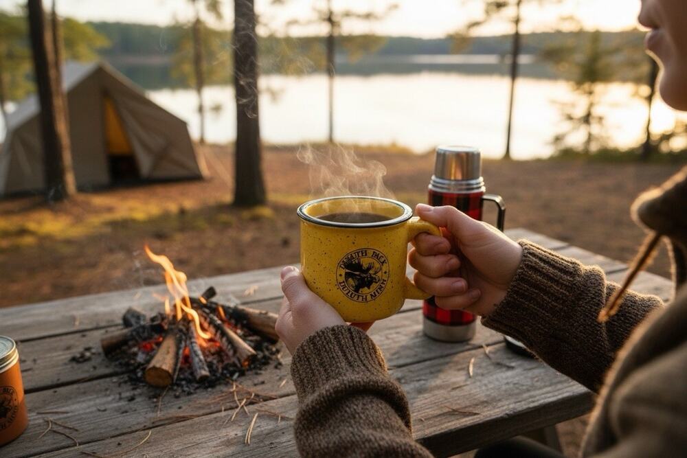 Duluth Pack Yellow Speckled Finish Black Rim Ceramic Campfire Mug Gorpcore